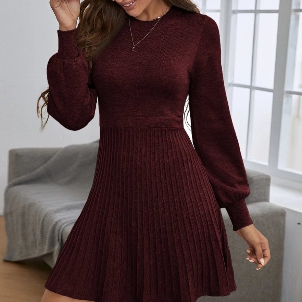Maroon Preppy Womens Lantern Sleeve Ribbed Knit Pleated Sweater Dress - Picture 2 of 5